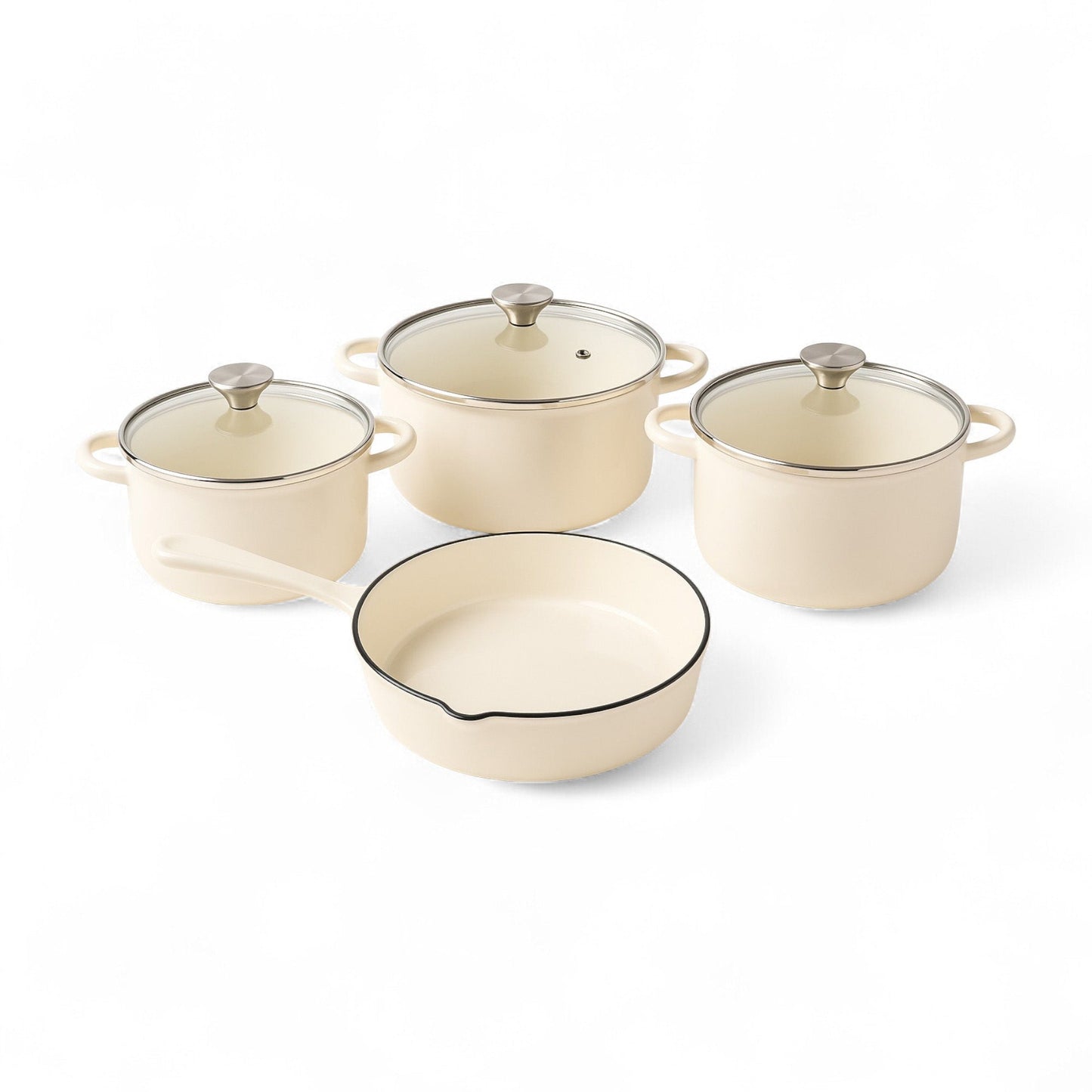 CH 7 Piece Cast Iron Pot Set with Glass Lids Cream