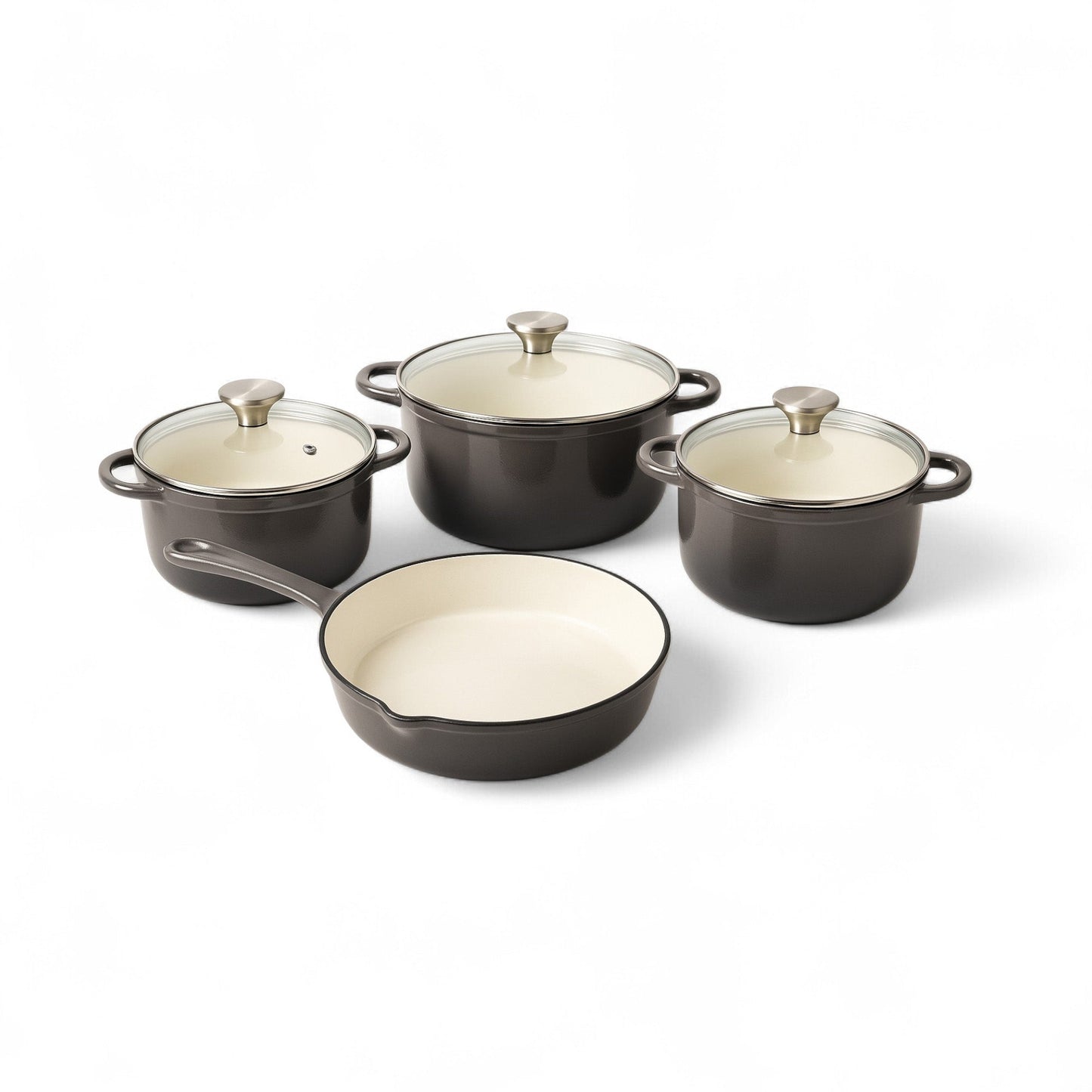 CH 7 Piece Cast Iron Pot Set with Glass Lids Matt Black