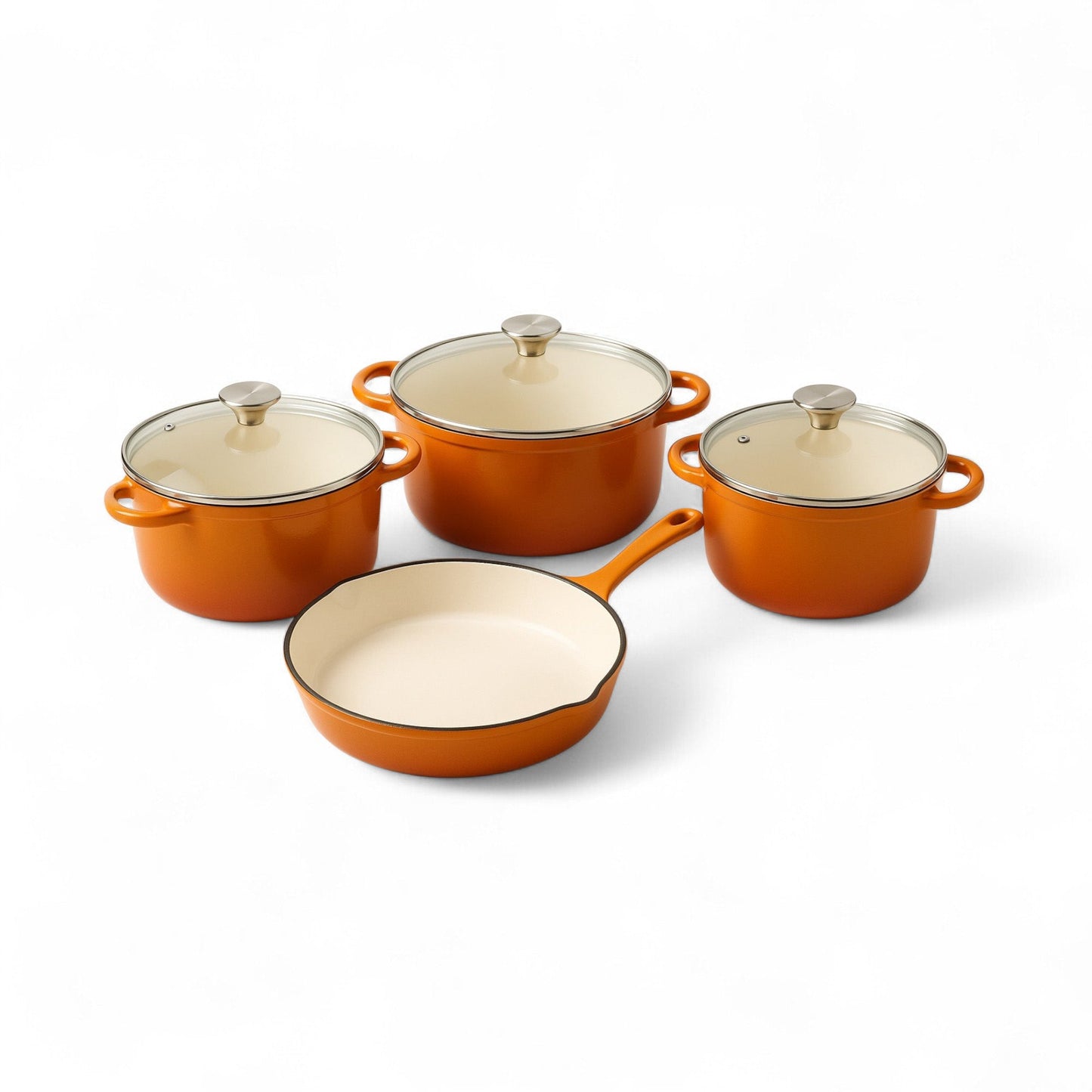 CH 7 Piece Cast Iron Pot Set with Glass Lids Orange