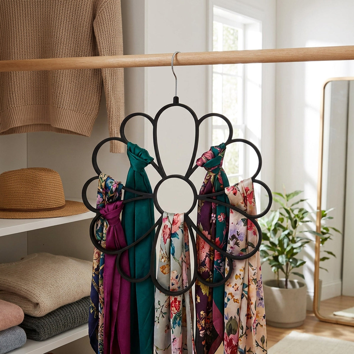 Flower cut-out scarf hanger on a wardrobe door