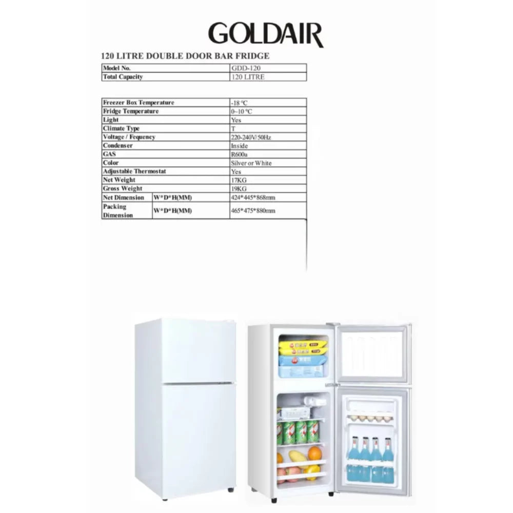 Goldair GDD-120 white double door bar fridge side view