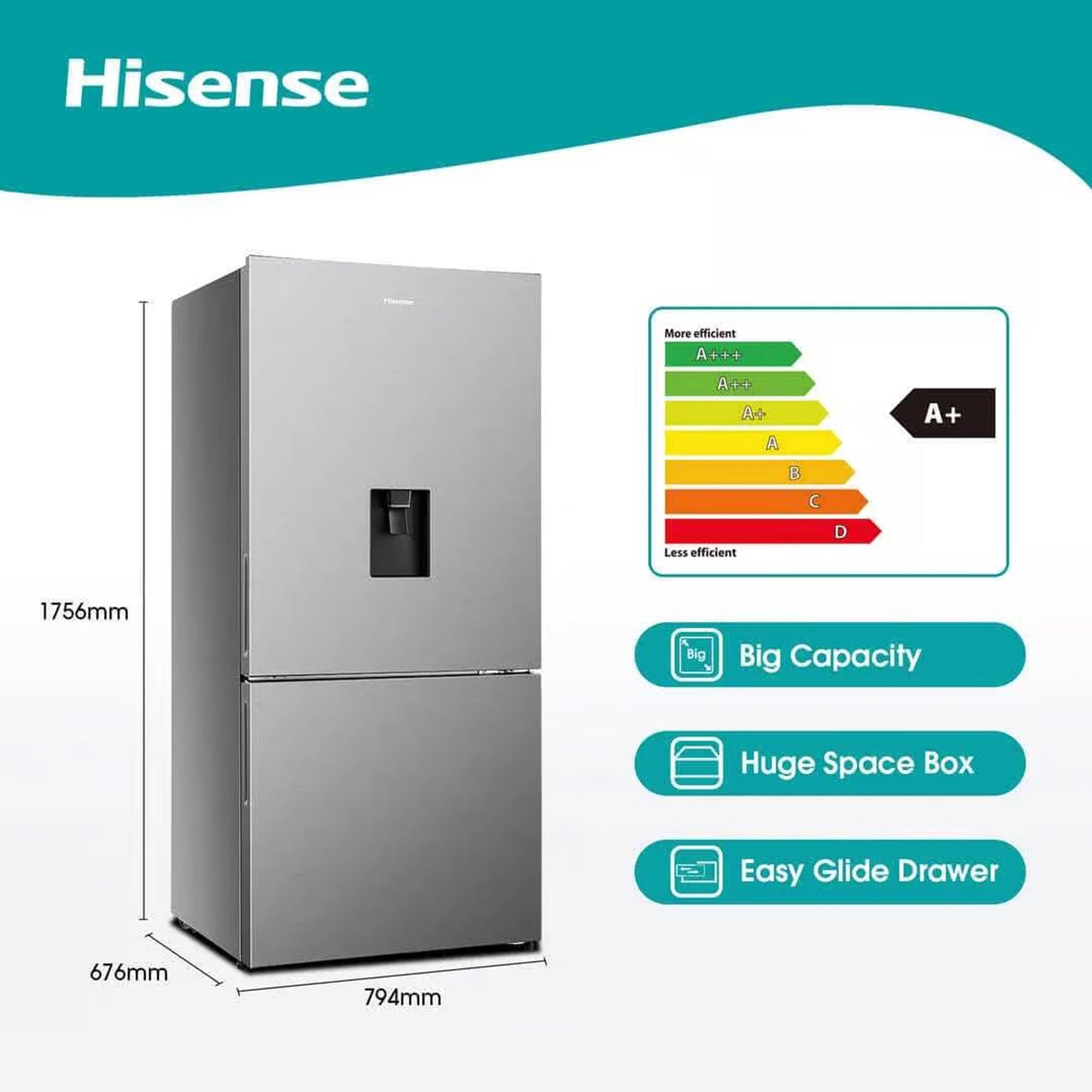 Hisense 463L Combi Refrigerator with Water Dispenser Stainless Steel