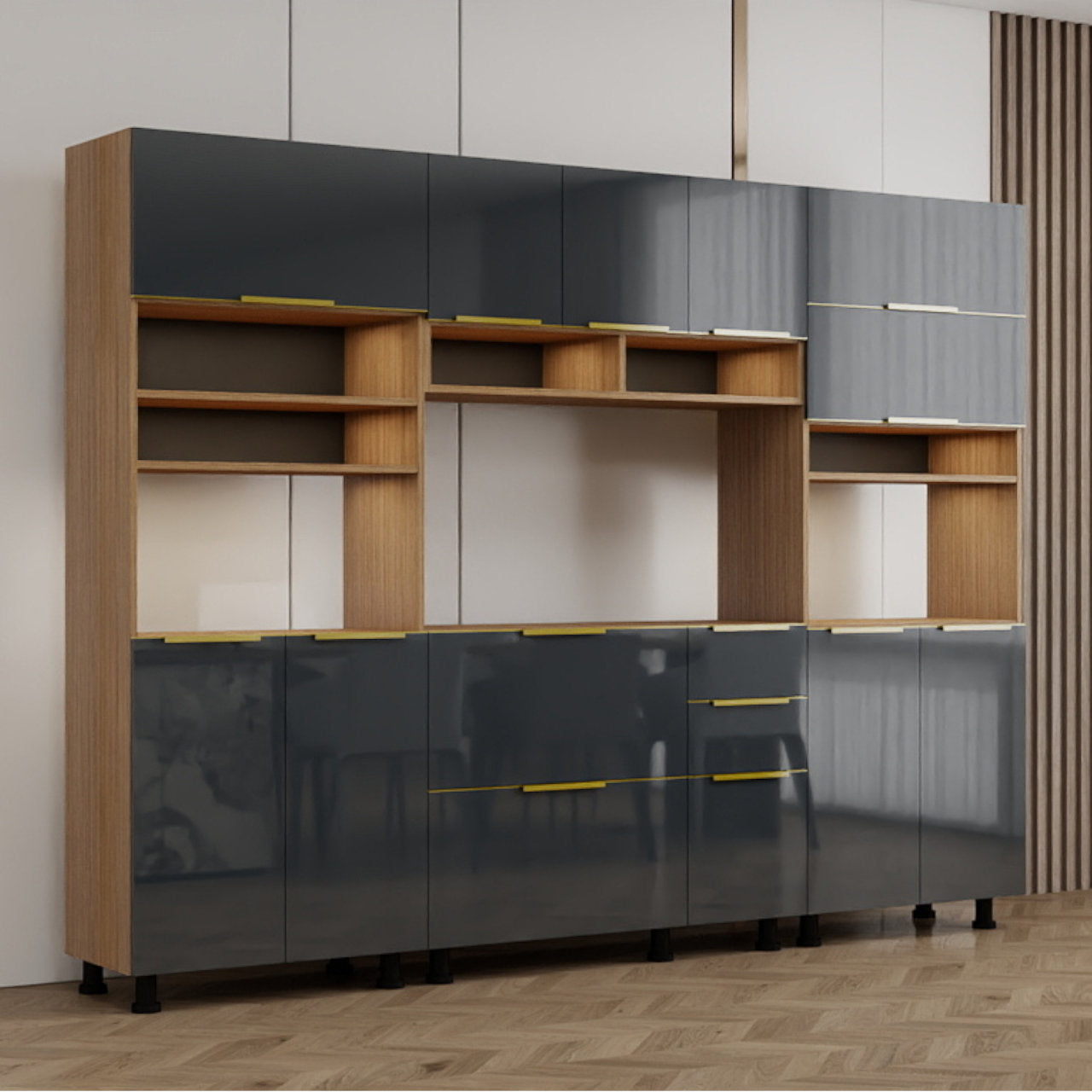 Modern Kitchen Set – Grey + Walnut MW960