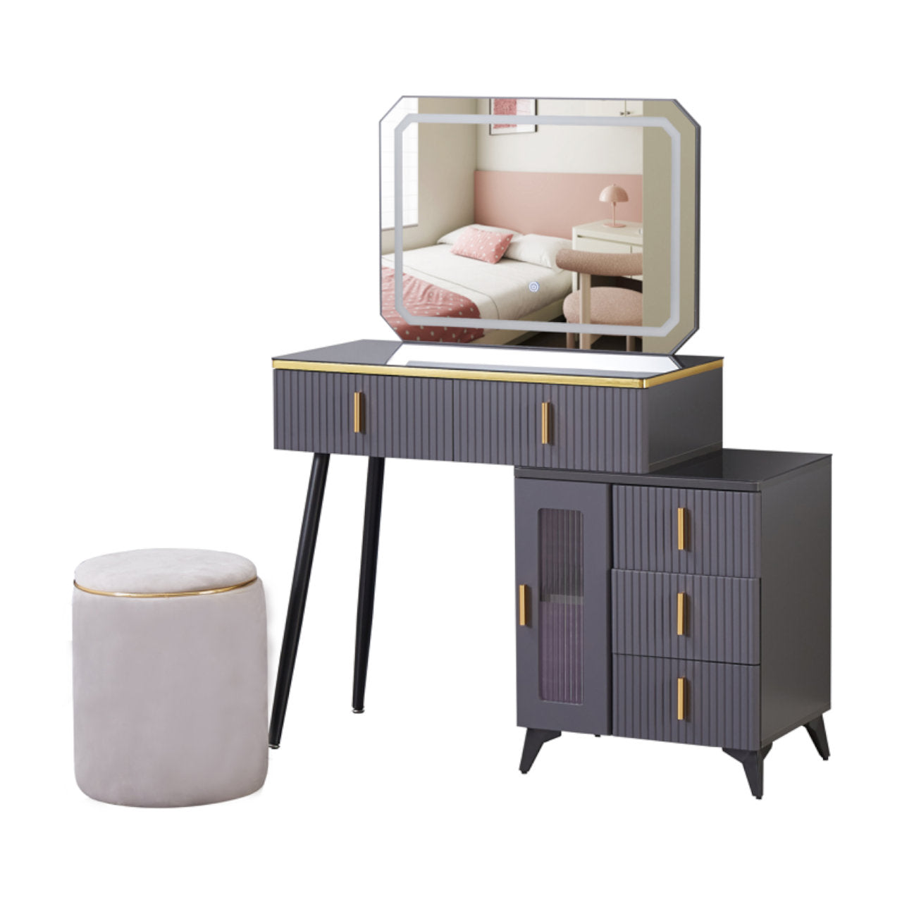 Modern Grey Dressing Table Set with LED Mirror – MWMRDRT05