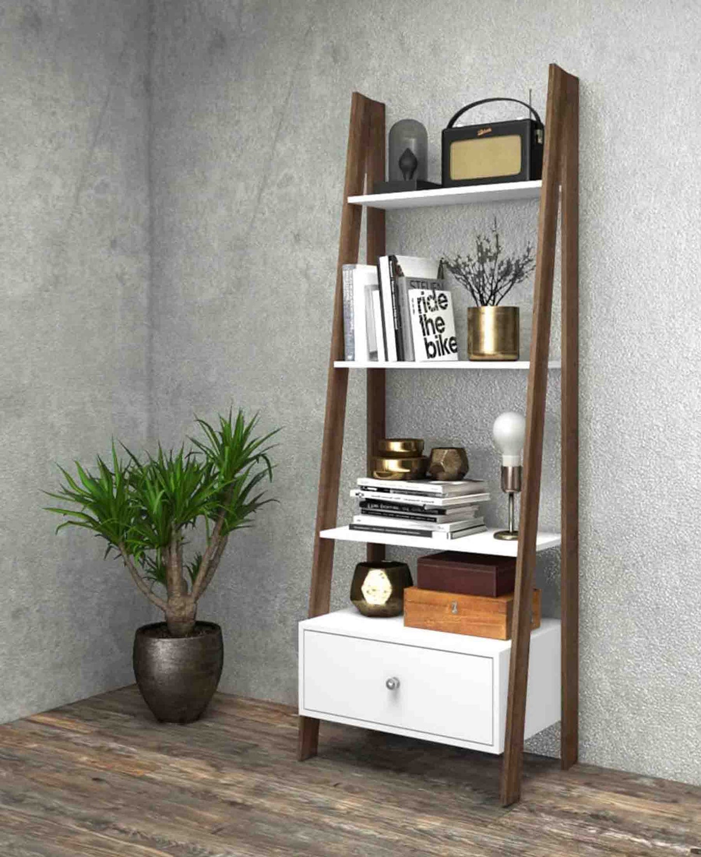 Multifunction Bookcase + Drawer – White & Rustico