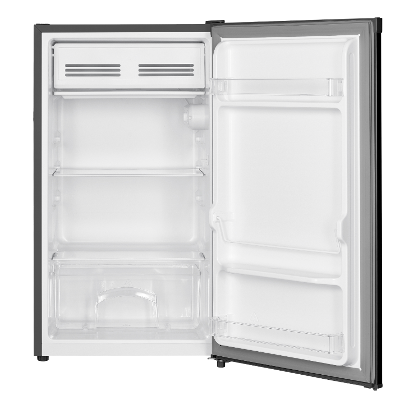 Univa metallic bar fridge USD125M door open showing freezer and crisper