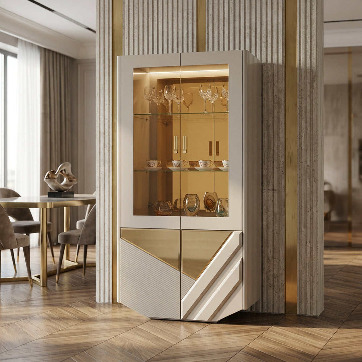 Glossy off-white and mirrored glass display cabinet