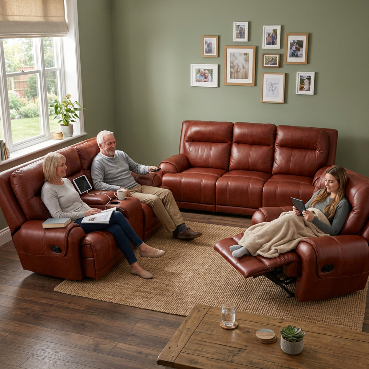 Earthline Falcon 3,2,1 Recliner Lounge Suite - Inyathi Tan in a living room