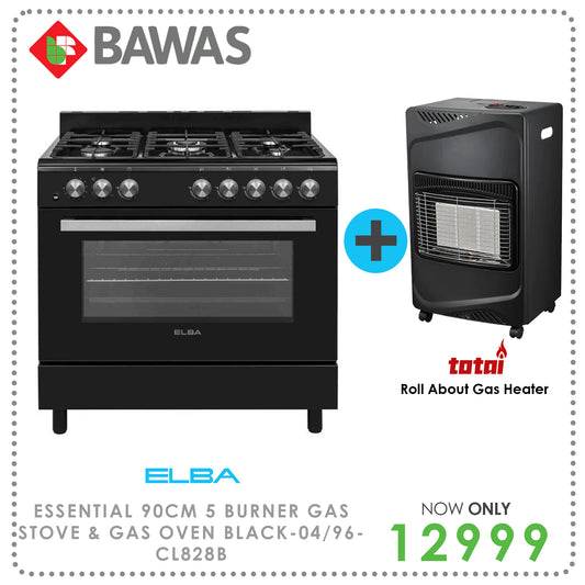 Elba Essential 90cm 5 Burner Gas Stove & Gas Oven - Black