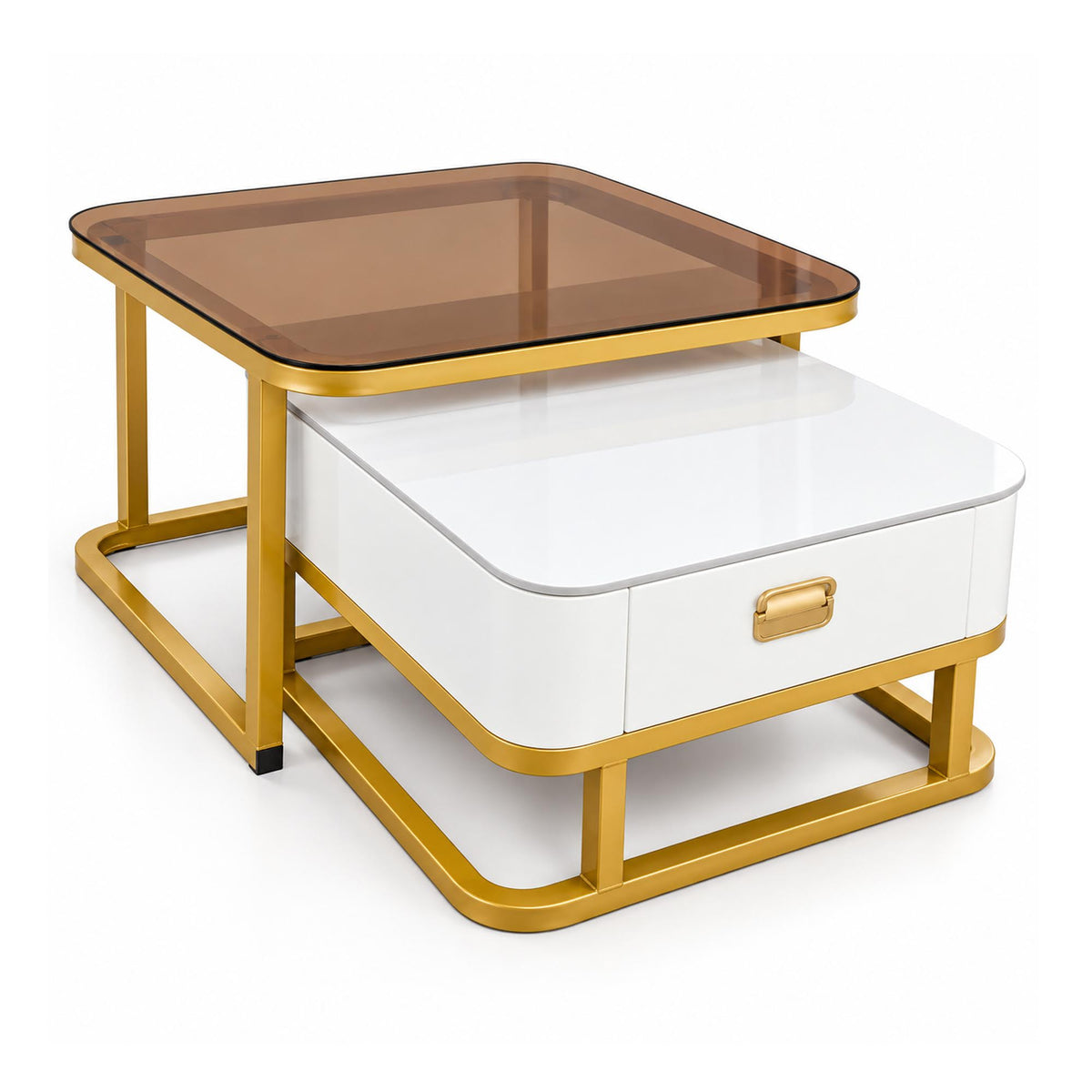 MF Coffee Table D21 - white and gold nesting coffee table with bronze glass top and drawer