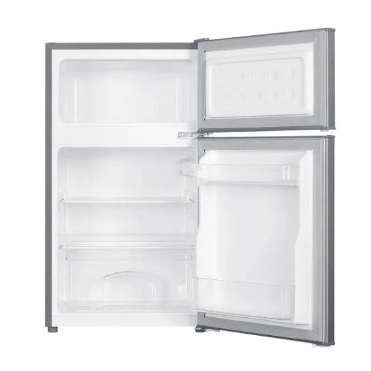 Univa 85Lt Bar Fridge Metallic UT115M - doors open showing freezer, shelf and crisper