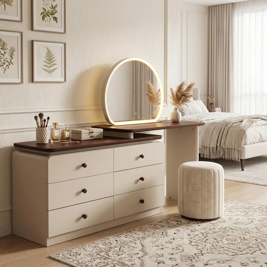 Rounded Dressing Table LED Adjustable Dressing Table With Round Mirror Brown CA0722 – Bawas ...