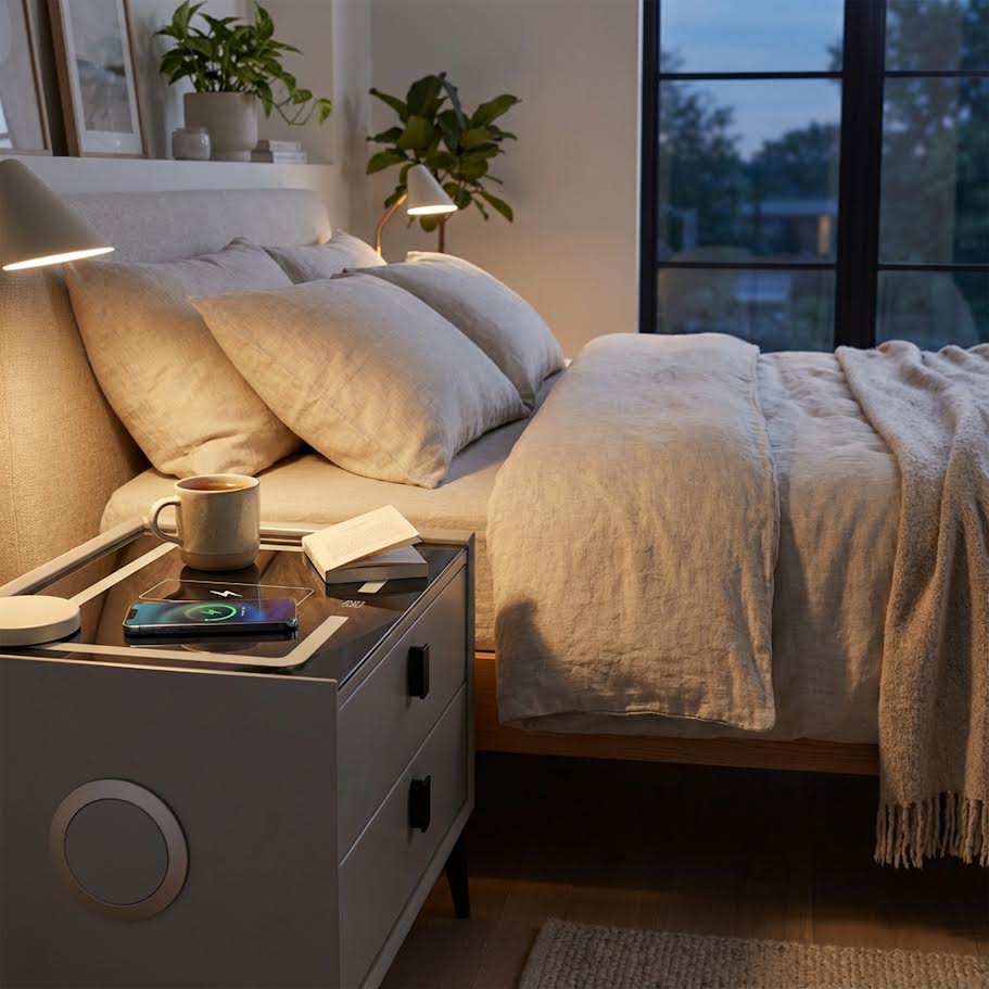 Glass Top LED Side Pedestal With Speaker & Wireless Charger CA0302