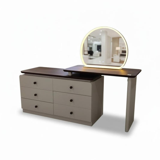 LED Adjustable Dressing Table With Round Mirror Brown  CA0722