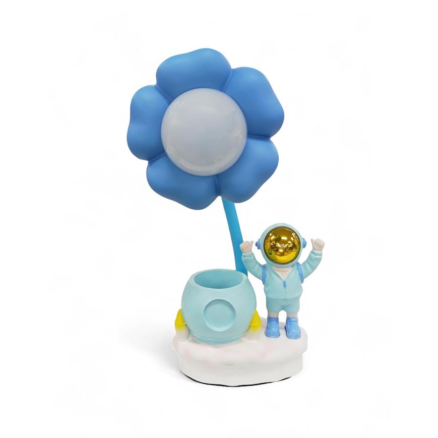 Astronaut Figurine Desk Lamp With Flower - Blue