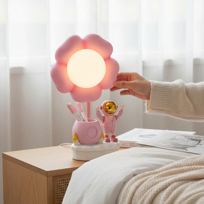 Astronaut Figurine Desk Lamp With Flower - Pink