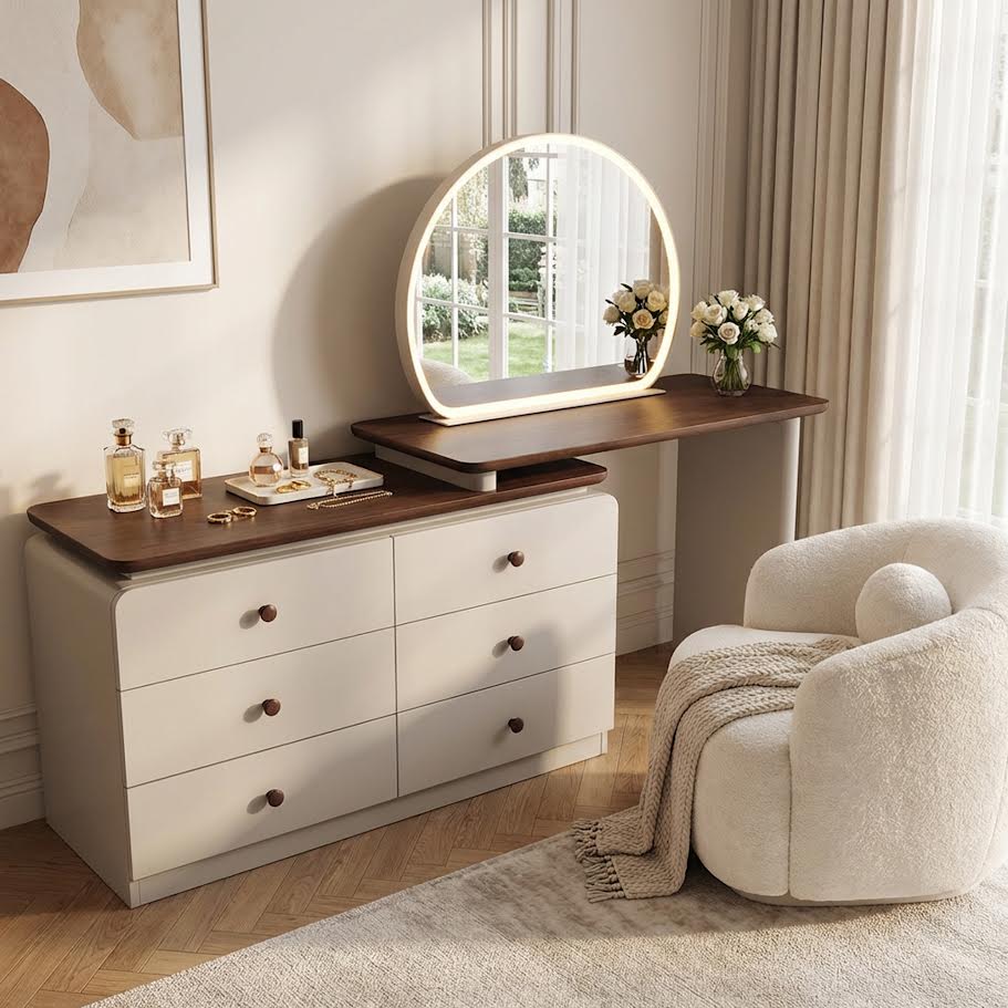 LED Adjustable Dressing Table With Round Mirror Brown  CA0722