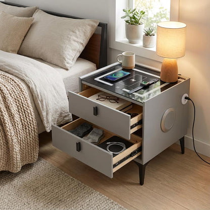 Glass Top LED Side Pedestal With Speaker & Wireless Charger CA0302