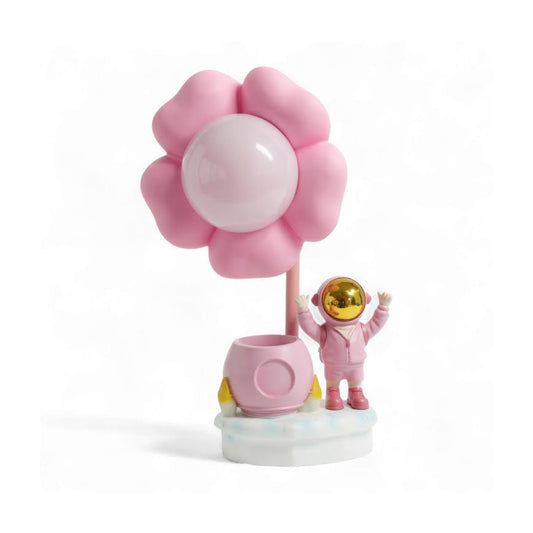 Astronaut Figurine Desk Lamp With Flower - Pink