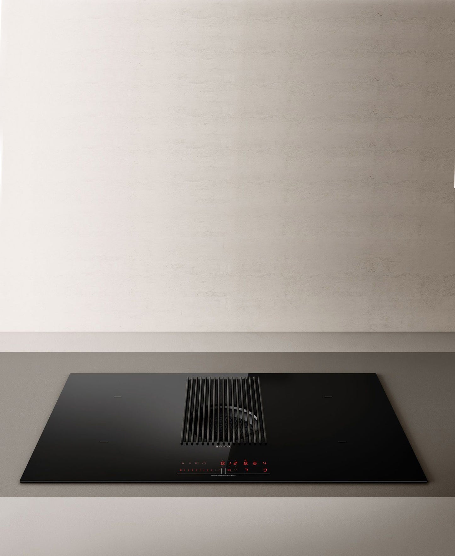 Elica 90CM 4 Zone Aspiration Hob With Downdraft Extractor- Black Glass Aand Cast Iron Grid