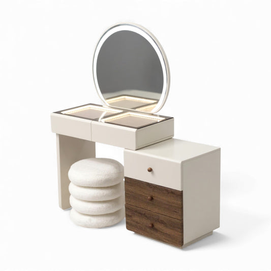 Dressing Table With Round LED Mirror And Plush Stool 9894