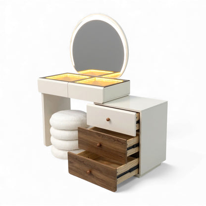 Dressing Table With Round LED Mirror And Plush Stool 9894