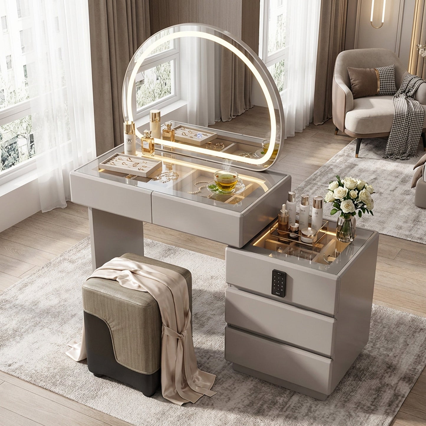 LED Dressing Table with Safe Beige