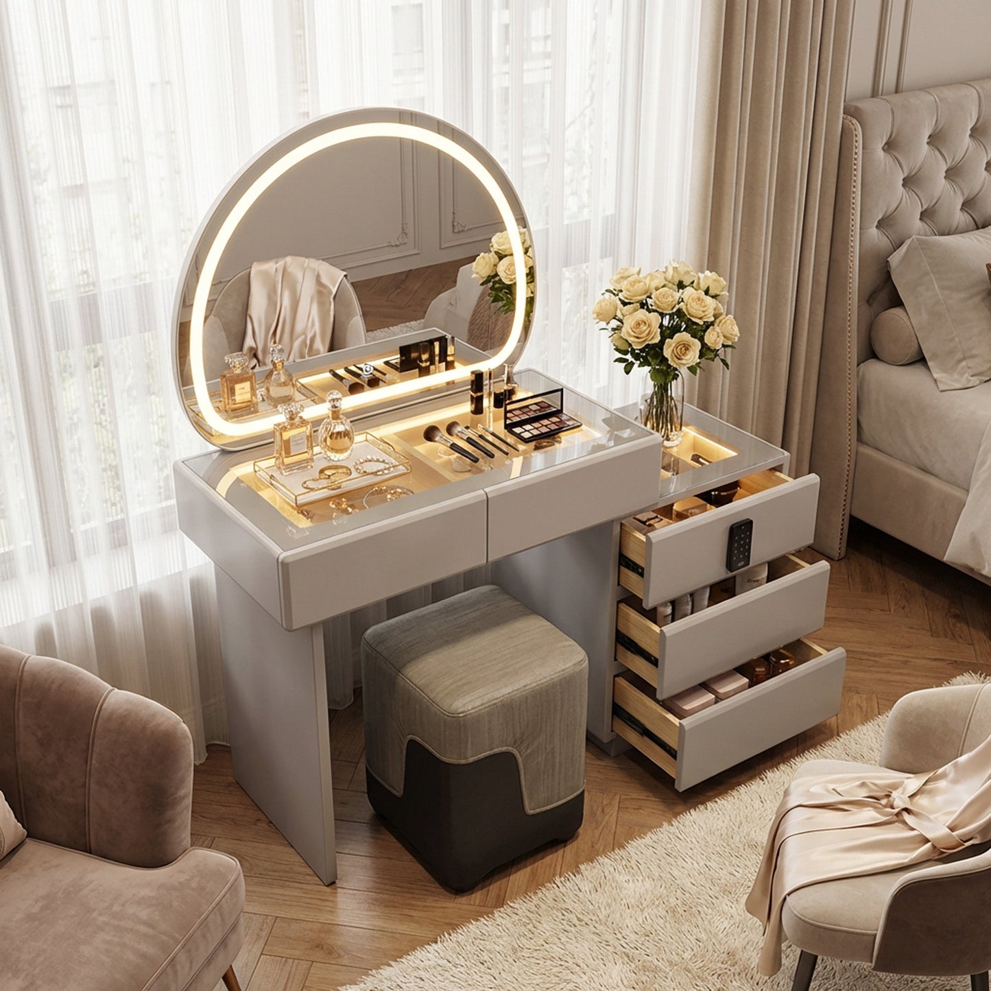 LED Dressing Table with Safe Beige
