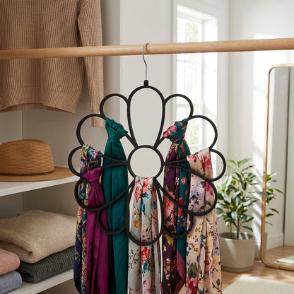 Flower cut-out scarf hanger on a wardrobe door
