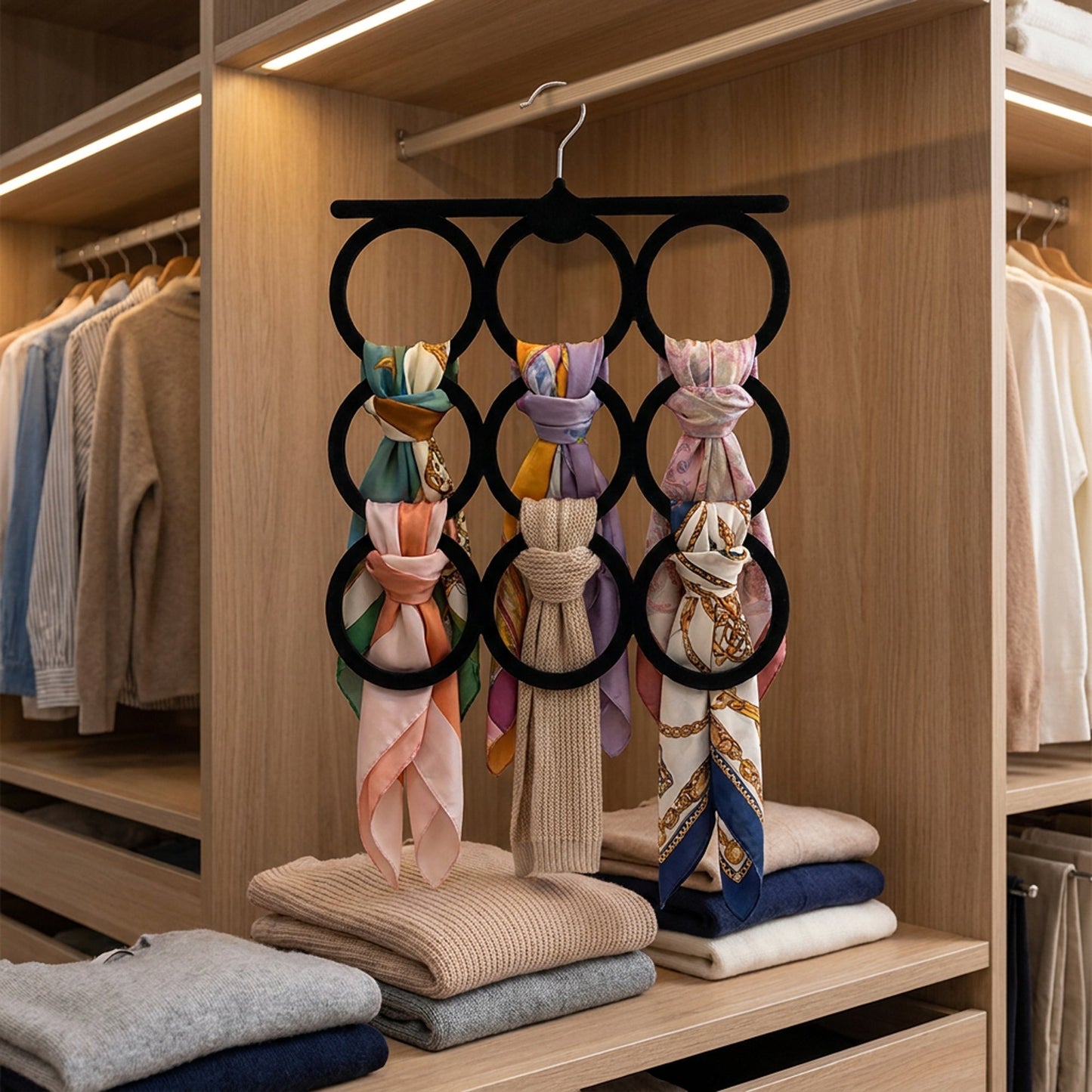 Black scarf and belt hanger in a wardrobe
