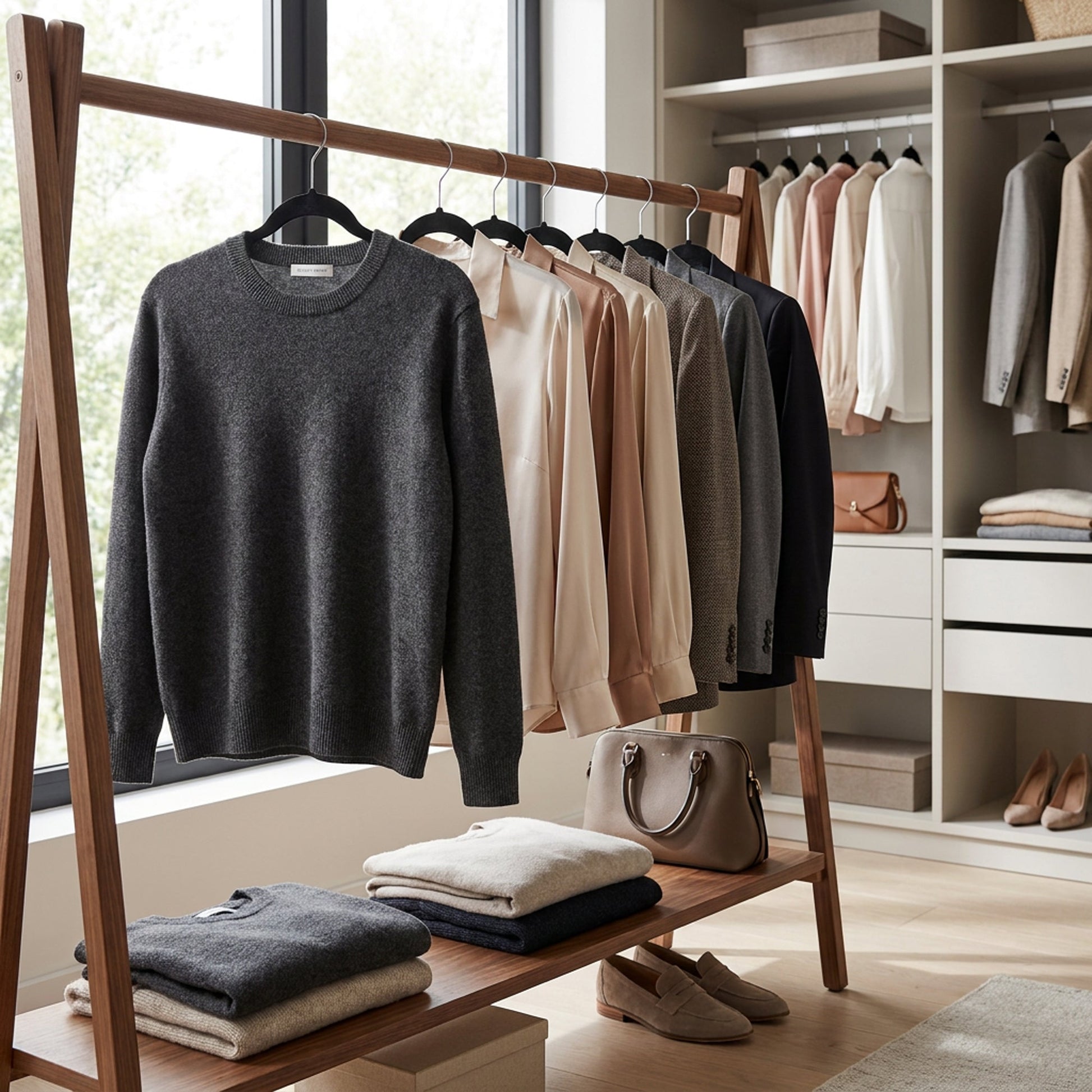 Black velvet hangers on a wardrobe rail