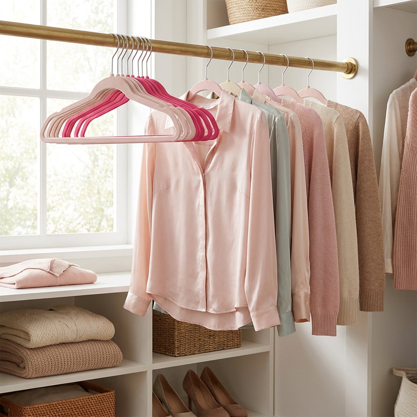 Pink velvet hangers stacked