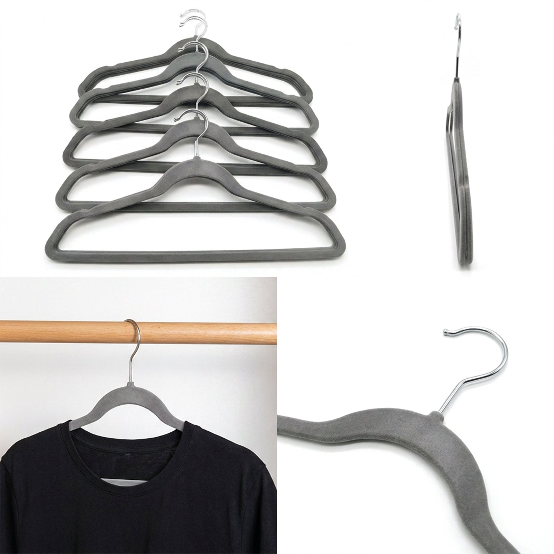 Grey velvet hanger chrome hook detail