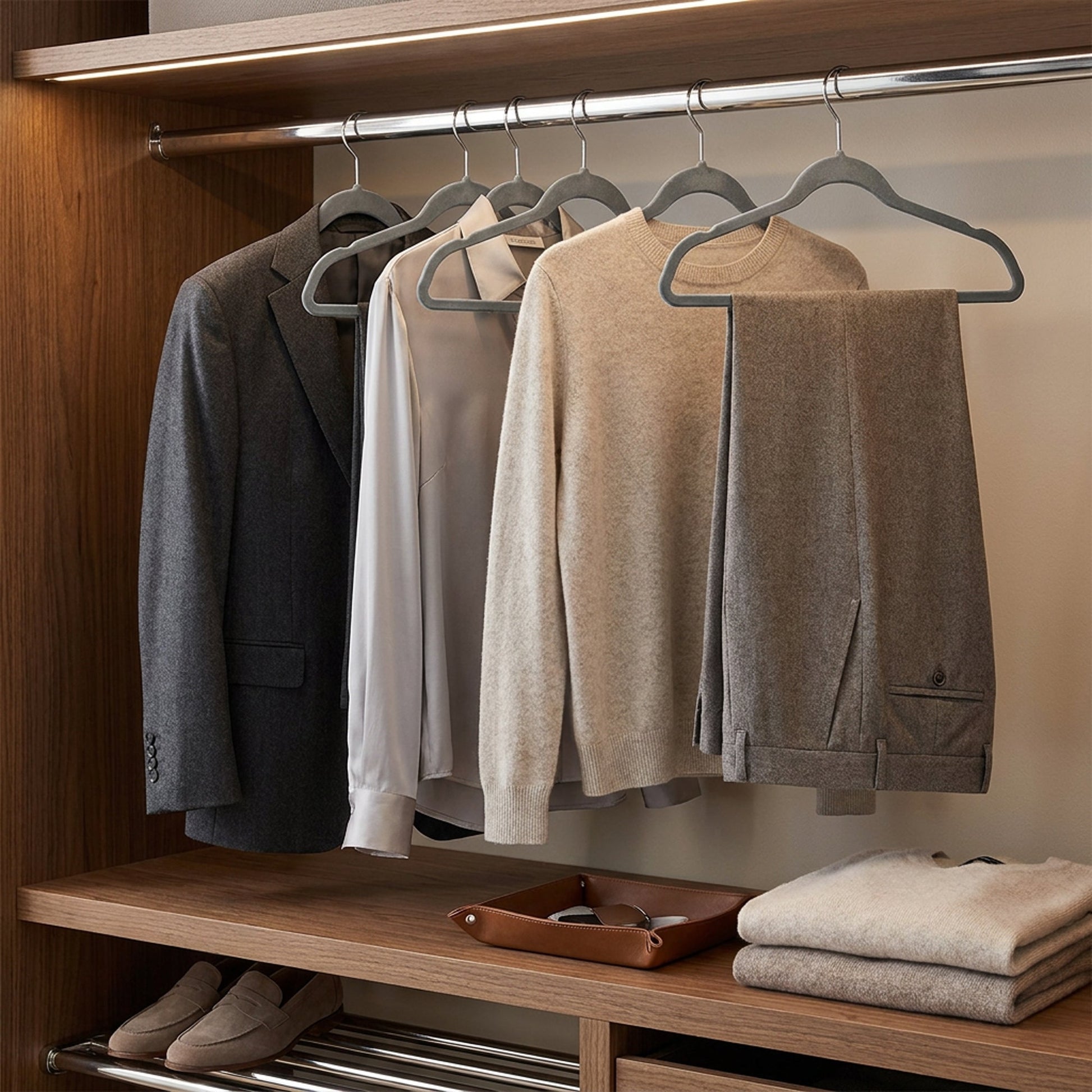 Grey velvet hangers on a wardrobe rail
