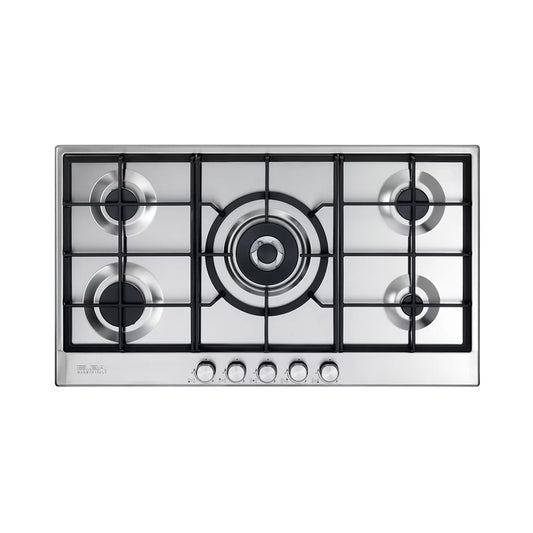 Elba Elio 90cm 5 Burners Gas Hob With Center Wok Burner - Silver