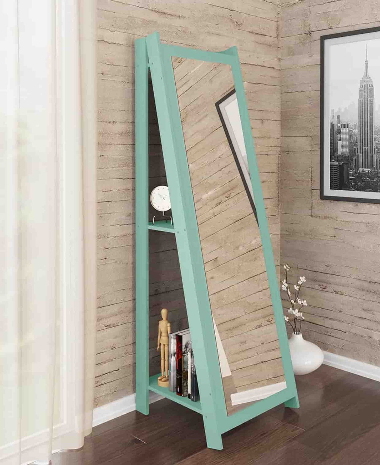 Freestanding Mirror With Shelves – Olive