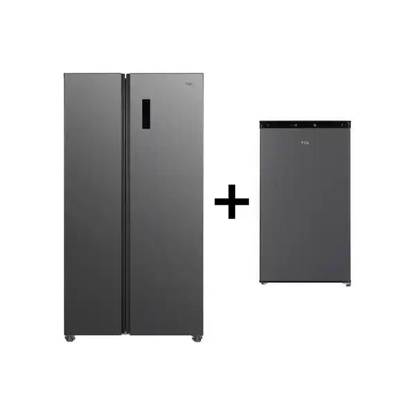 TCL 578L NETT NO FROST INVERTER SIDE BY SIDE REFRIGERATOR - GREY + FREE F117SDG BAR FRIDGE