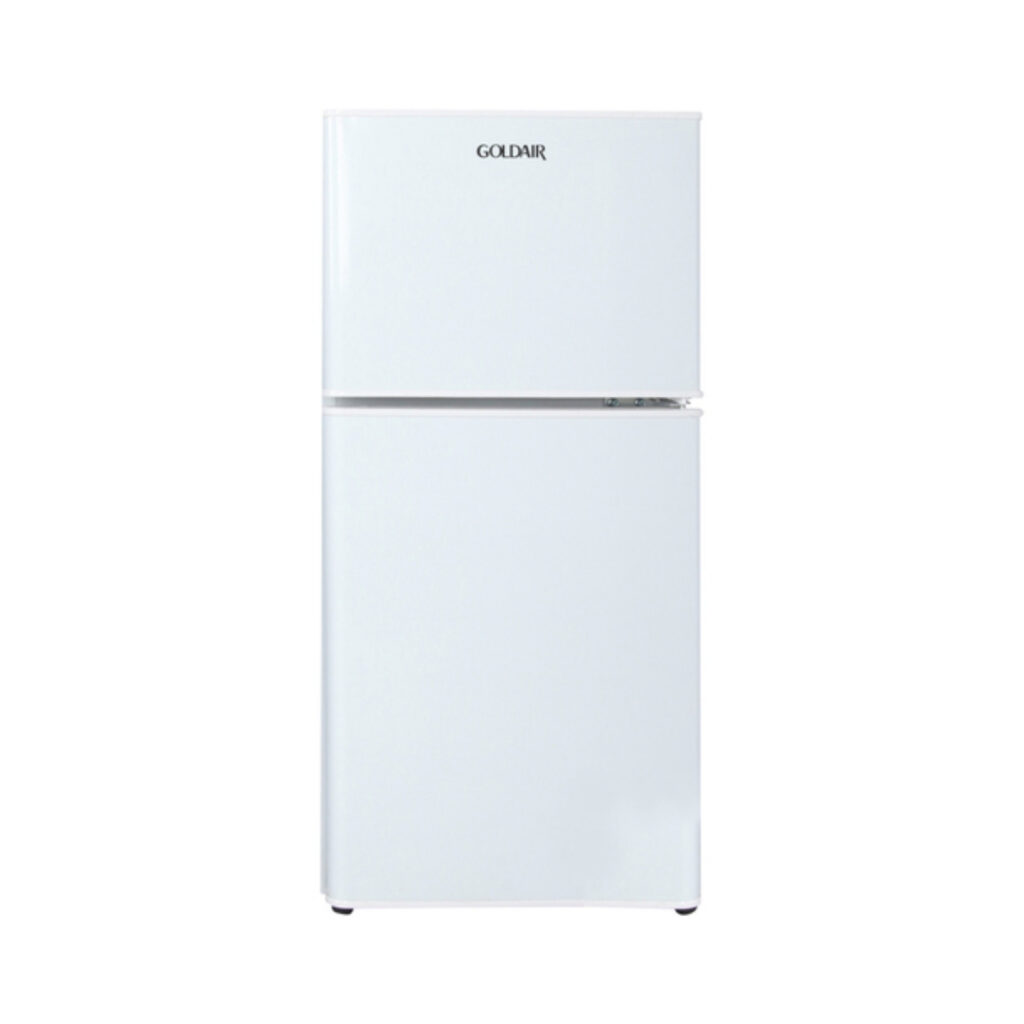 Goldair 120L double door fridge freezer in white, model GDD-120