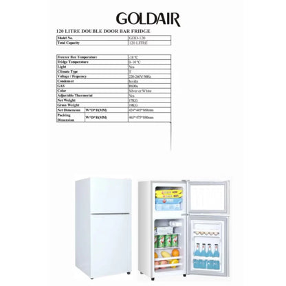 Goldair GDD-120 white double door bar fridge side view