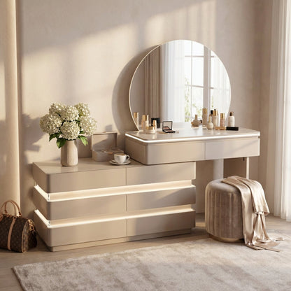 LED Dressing Table with Round Mirror Beige