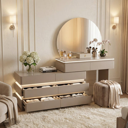 LED Dressing Table with Round Mirror Beige