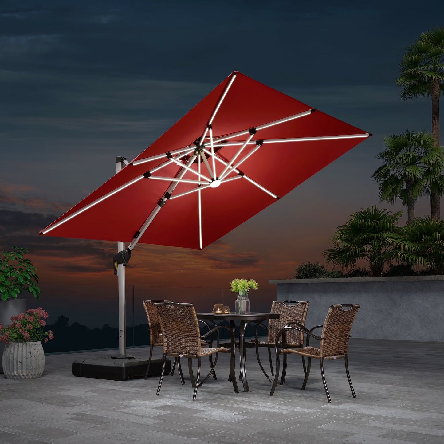 Square Double Top Deluxe Solar Powered LED Patio Umbrella Outdoor Cantilever Umbrella
