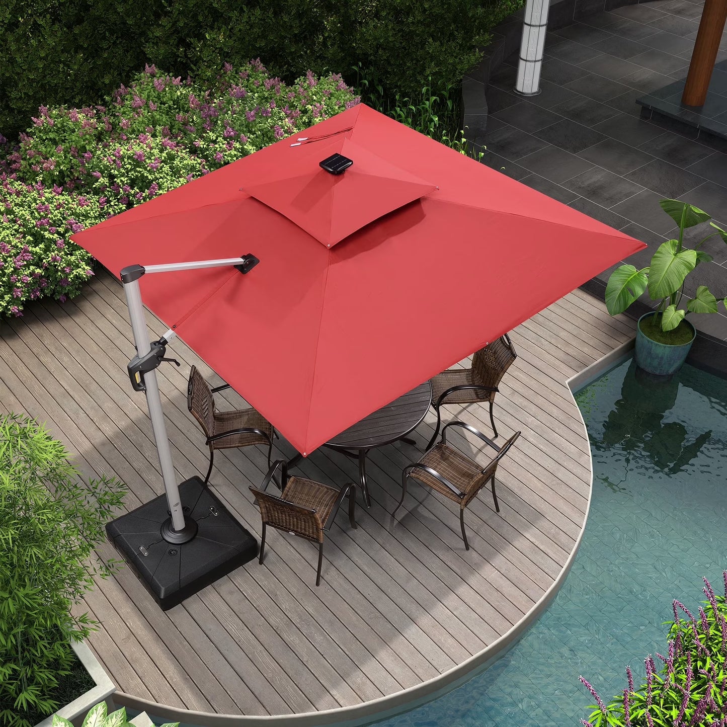 Square Double Top Deluxe Solar Powered LED Patio Umbrella Outdoor Cantilever Umbrella