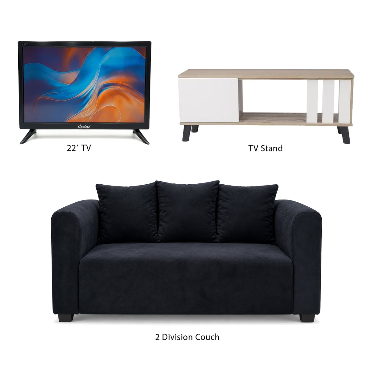 Bachelors Combo - 22 inch TV, TV stand and 2 division couch