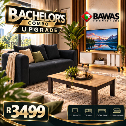 Bachelors Combo Upgrade - 32 inch Smart TV, TV stand, coffee table and 2 division couch