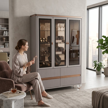 Modern grey display cabinet with three glass doors