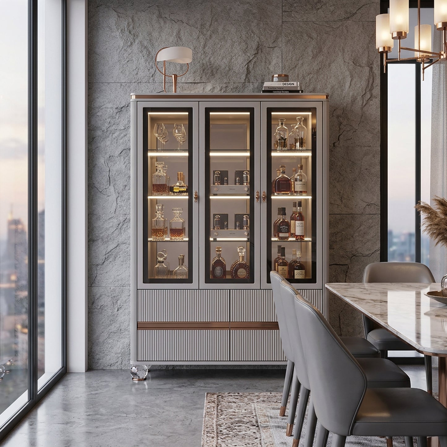 Modern grey display cabinet with three glass doors