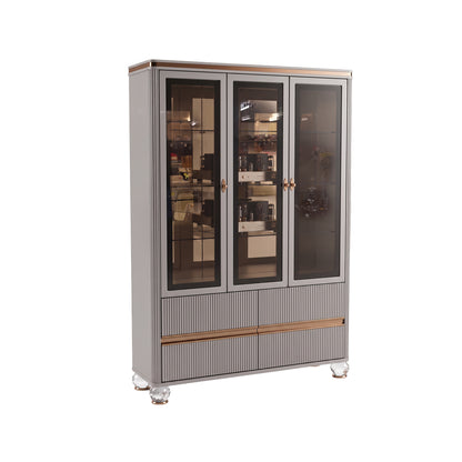 Modern grey display cabinet with three glass doors