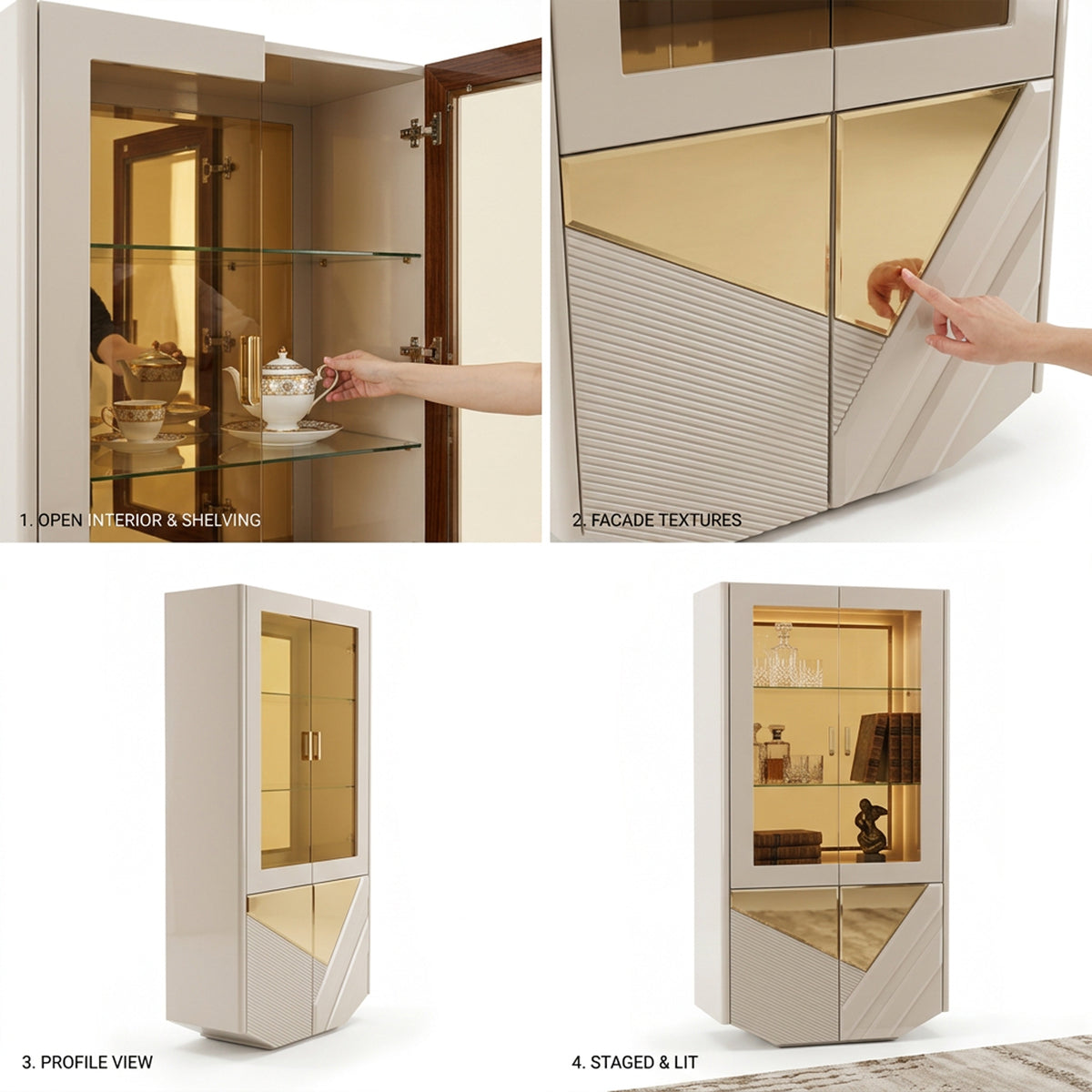 Glossy off-white and mirrored glass display cabinet