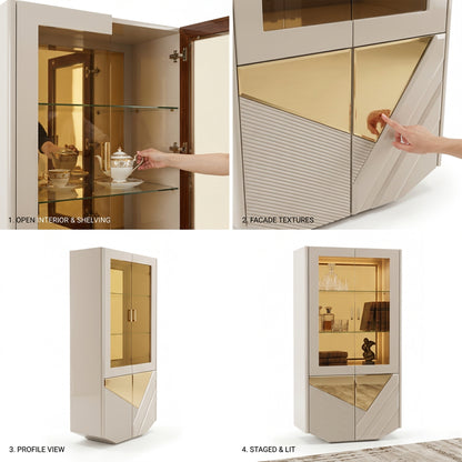 Glossy off-white and mirrored glass display cabinet